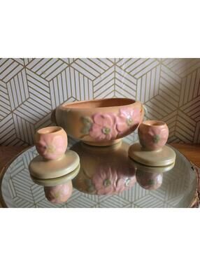 Vintage 1940's Weller Pottery Wild Rose Jardinière Bowl w Candlestick Holders